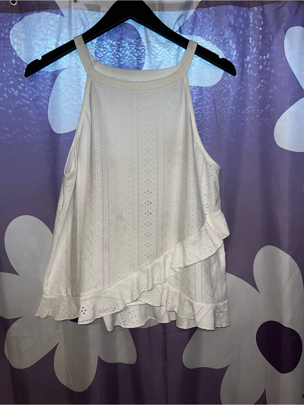 White Eyelet Ruffle Halter Tank Top